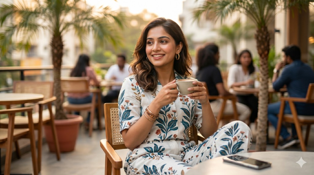 Smiling Indian woman in a white-and-blue floral printed co-ord set sipping coffee at a sunlit outdoor café, relaxed first-date casual styling